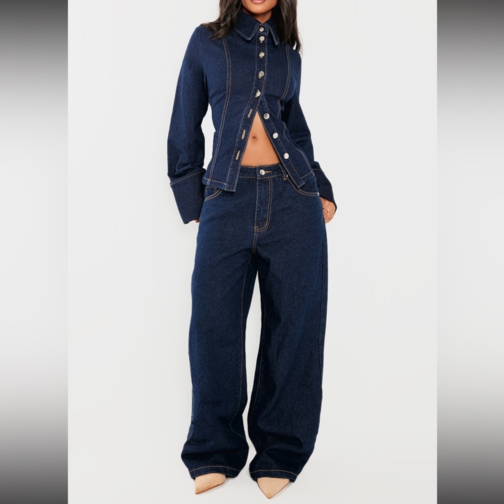PLT FITTED DENIM SHIRT & STRAIGHT LEG MID RISE JEANS Set